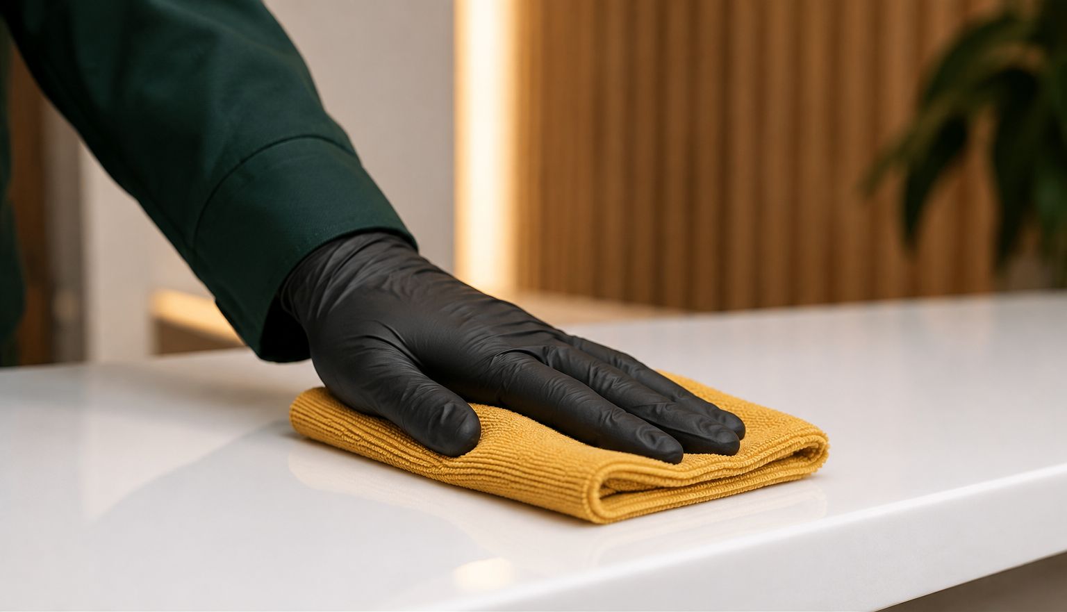 Cleaner sanitising a bench in a childcare centre