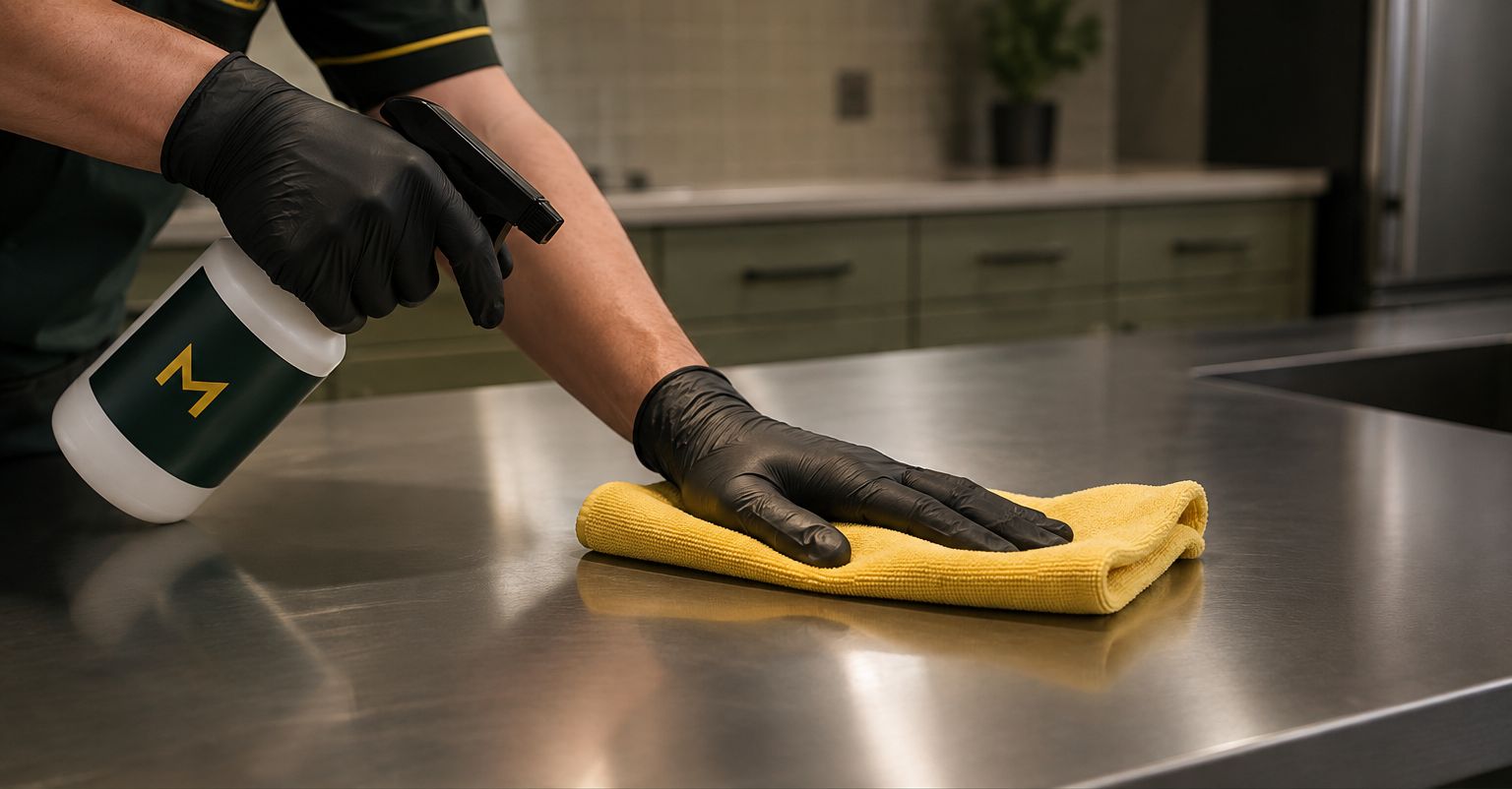 Cleaner detailing a stainless kitchen bench for a bond clean
