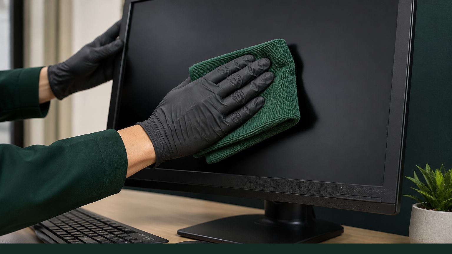 Cleaner wiping a desk and monitor in an office