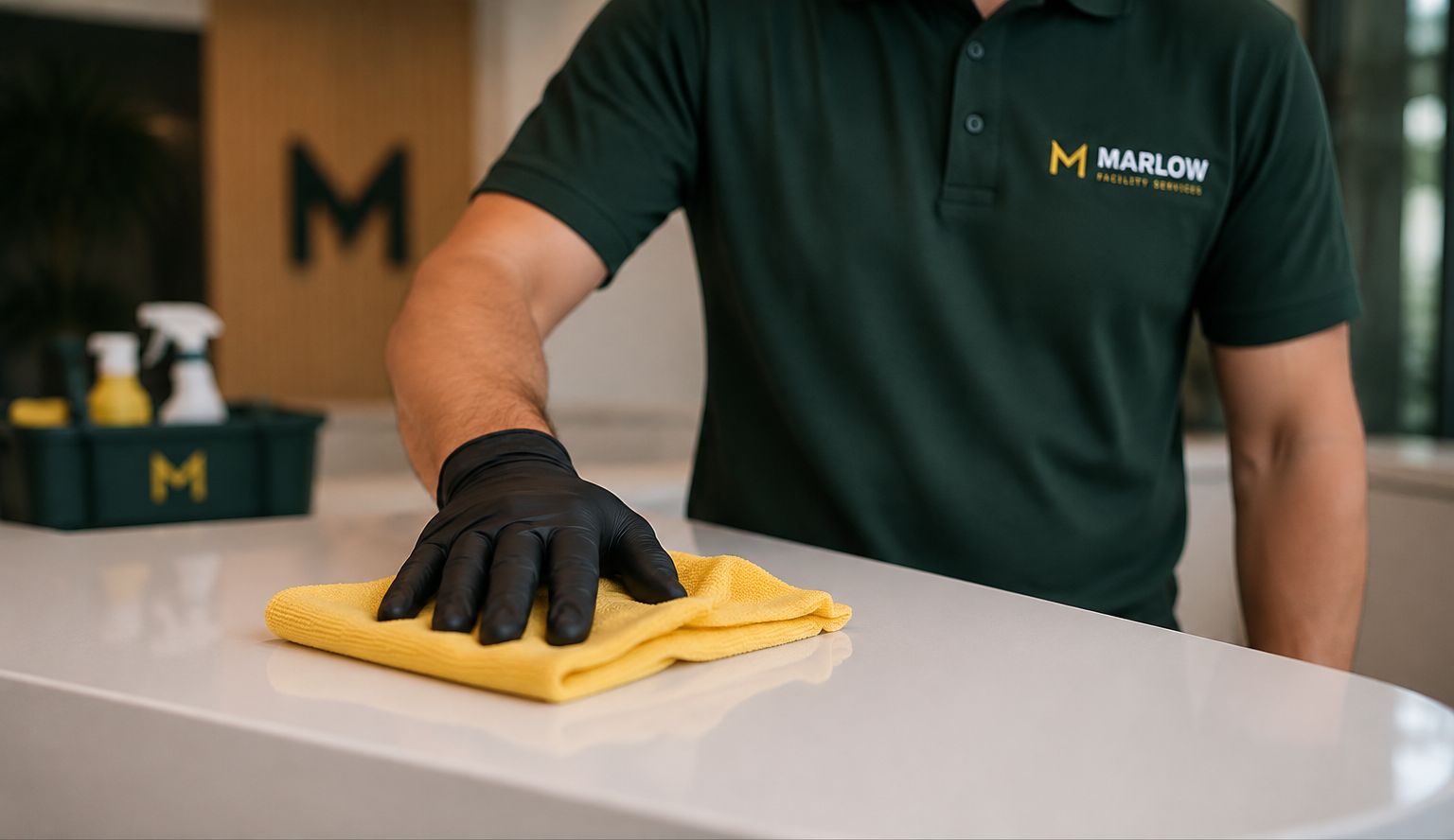 Marlow cleaner in uniform wiping a reception counter