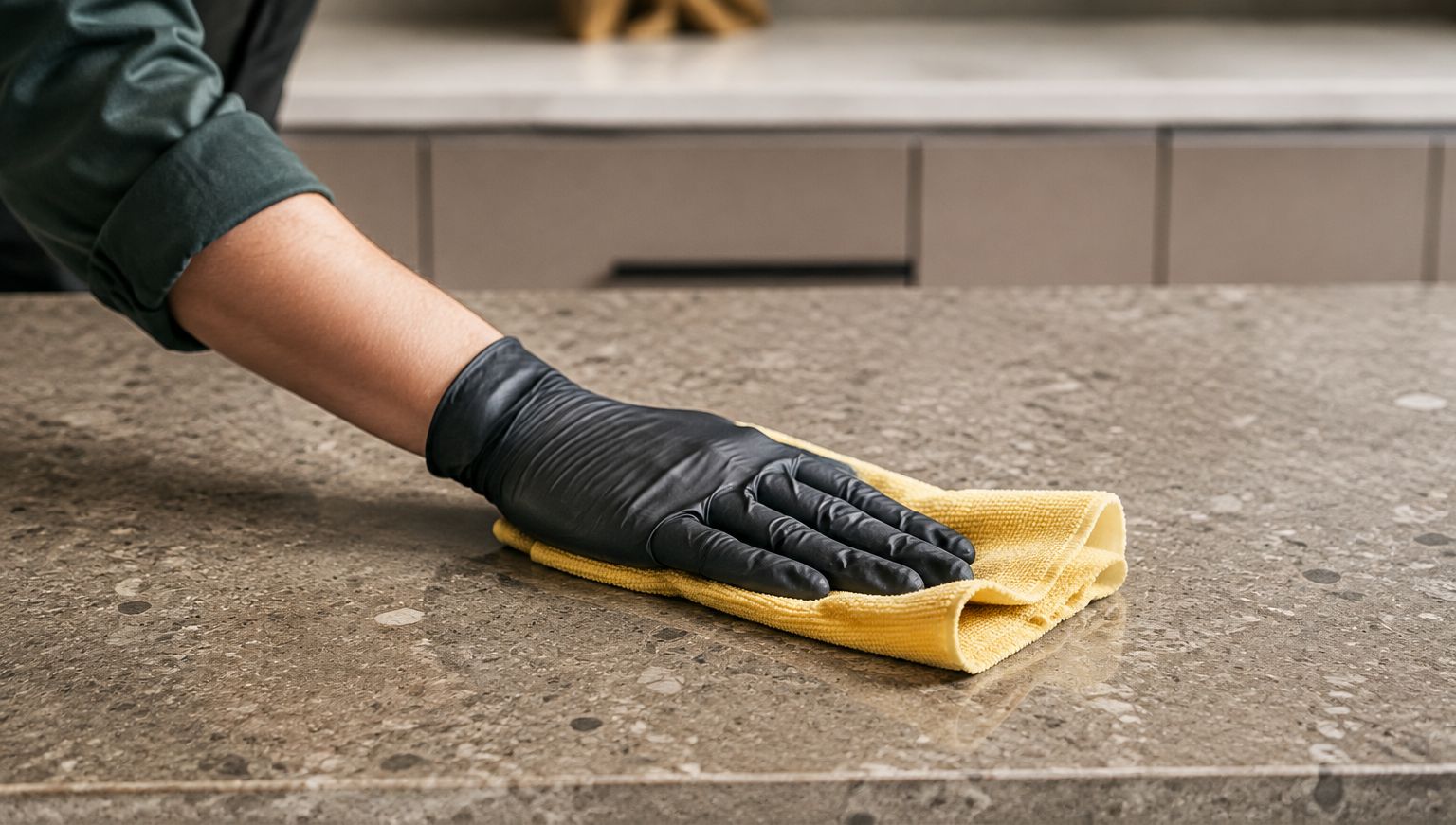 Gloved cleaner disinfecting a stone bench in a medical centre