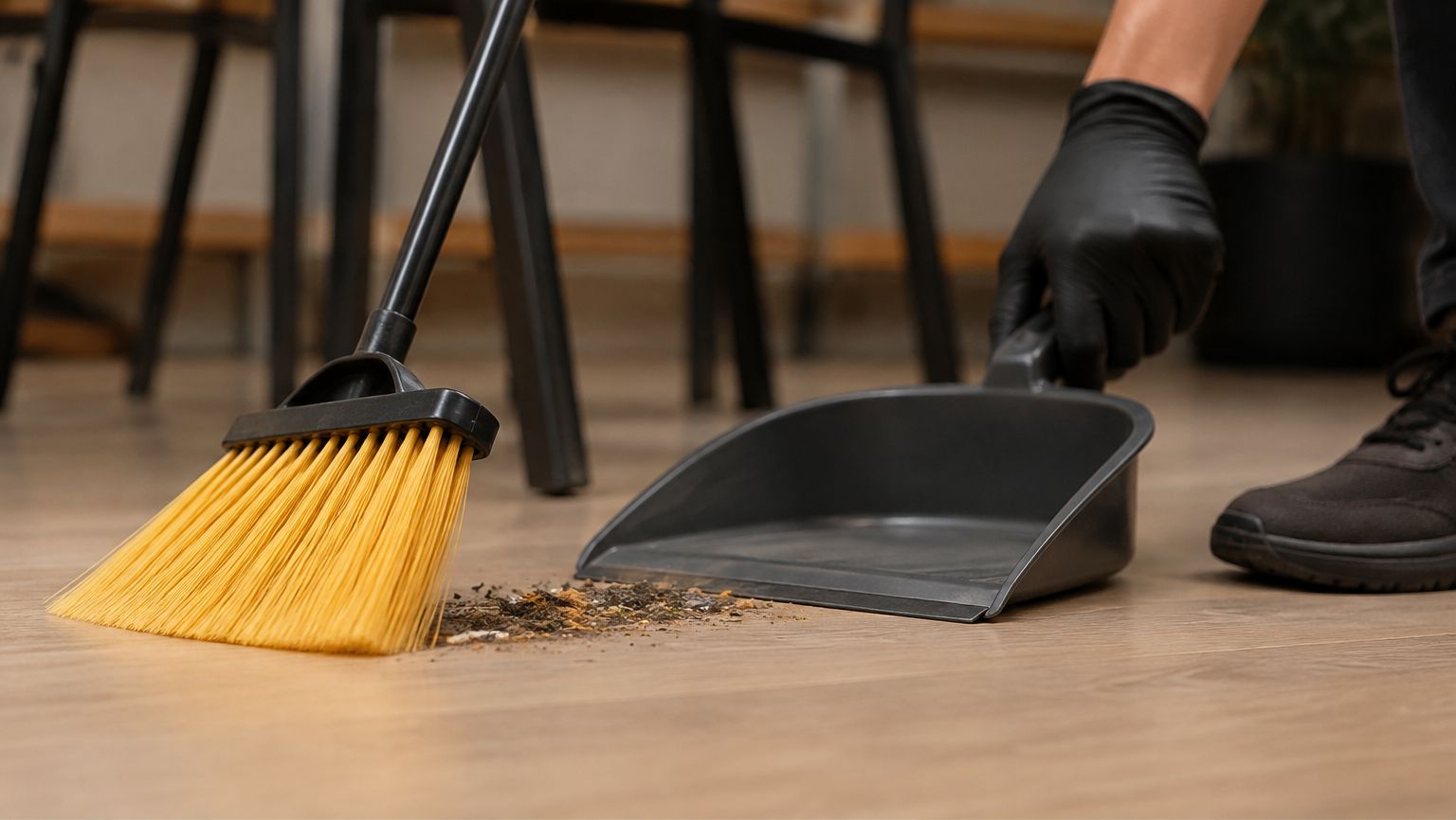 Sweeping a timber floor in a cafe